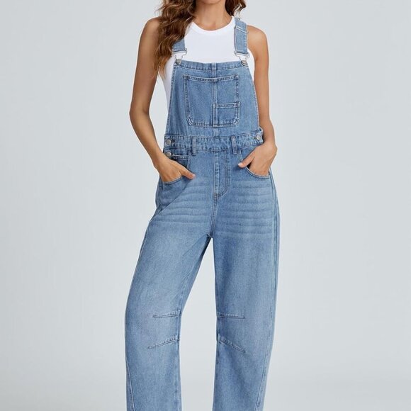 Women's Denim Overall Casual Straight Wide Leg Bib Jeans Overall Adjustable Stra - Picture 2 of 7